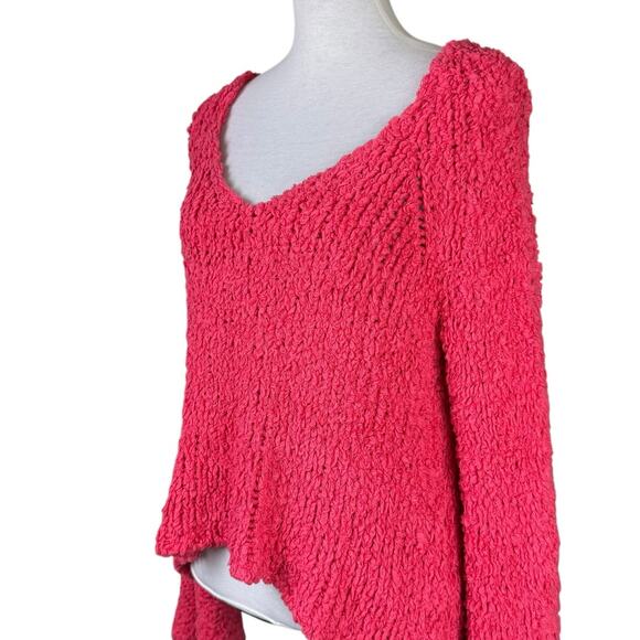 Free People Sand Dune Pullover Coral Pink V-Neck Long Bell Sleeve Fuzzy Sweater - Picture 5 of 12